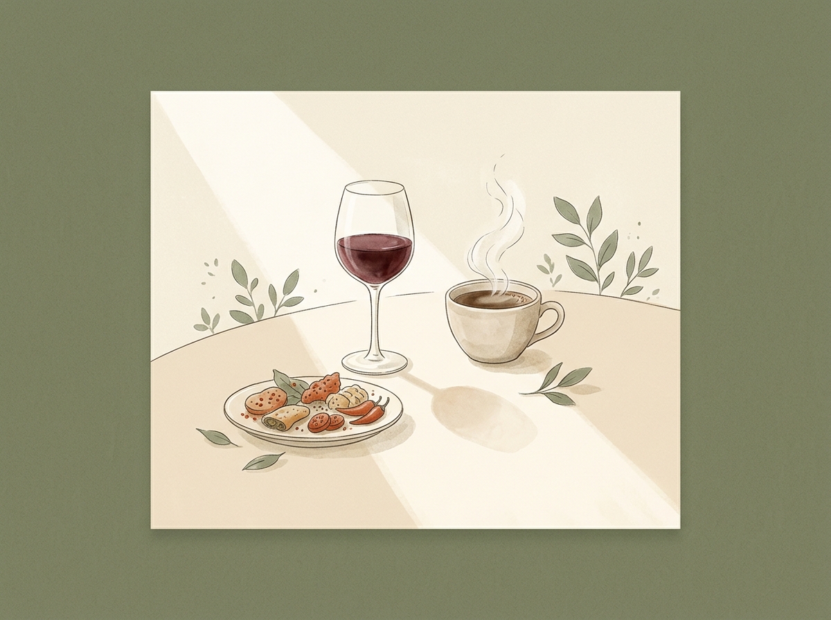 와인과 따뜻한 음료, 매운 음식 등 홍조를 유발하는 음식 일러스트