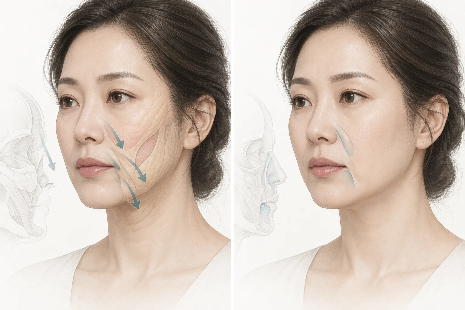 팔자주름과 입가주름에서 조직 처짐과 국소 볼륨 감소를 비교한 의료 설명 이미지